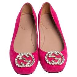 Pre Owned Gucci Pink Suede Crystal Embellishment Ballet Flats Size 36.5