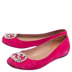 Pre Owned Gucci Pink Suede Crystal Embellishment Ballet Flats Size 36.5