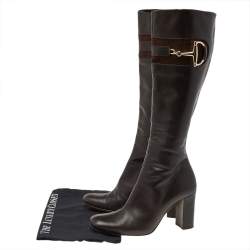 Pre Owned Gucci Dark Brown Leather Horsebit Knee Length Boots Size 37.5