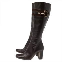 Pre Owned Gucci Dark Brown Leather Horsebit Knee Length Boots Size 37.5