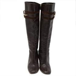 Pre Owned Gucci Dark Brown Leather Horsebit Knee Length Boots Size 37.5