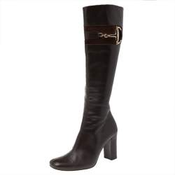 Pre Owned Gucci Dark Brown Leather Horsebit Knee Length Boots Size 37.5