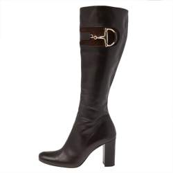 Pre Owned Gucci Dark Brown Leather Horsebit Knee Length Boots Size 37.5