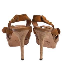 Pre Owned صندل غوتشي جلد بني وسويدي نعل سميك مقدمة مفتوحة حزام للكاحل كورك GG مقاس 38 