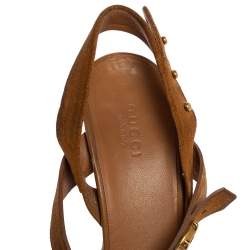 Pre Owned صندل غوتشي جلد بني وسويدي نعل سميك مقدمة مفتوحة حزام للكاحل كورك GG مقاس 38 