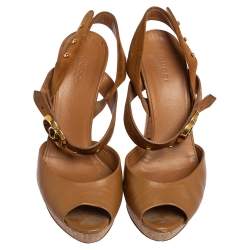 Pre Owned صندل غوتشي جلد بني وسويدي نعل سميك مقدمة مفتوحة حزام للكاحل كورك GG مقاس 38 