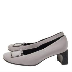 Gucci Grey Fabric Square Toe Metal Trim Block Heel Pumps Size 37.5
