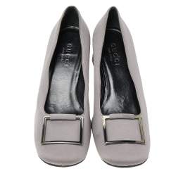 Gucci Grey Fabric Square Toe Metal Trim Block Heel Pumps Size 37.5