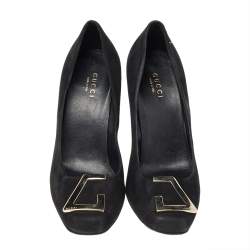 Gucci Black Suede Square Toe Metal Trim Pumps Size 36