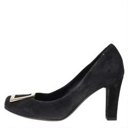 Gucci Black Suede Square Toe Metal Trim Pumps Size 36