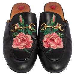 Pre Owned Gucci Black Floral Embroidered Leather Princetown Mules Size 39.5