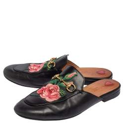 Pre Owned Gucci Black Floral Embroidered Leather Princetown Mules Size 39.5