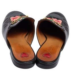 Pre Owned Gucci Black Floral Embroidered Leather Princetown Mules Size 39.5
