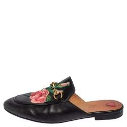 Pre Owned Gucci Black Floral Embroidered Leather Princetown Mules Size 39.5