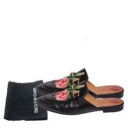 Pre Owned Gucci Black Floral Embroidered Leather Princetown Mules Size 39.5
