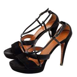 Gucci Black Suede And Patent Leather Platform Ankle Strap Sandals Size 39.5