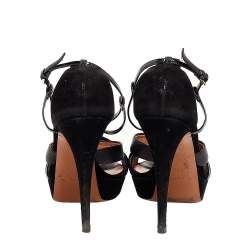 Gucci Black Suede And Patent Leather Platform Ankle Strap Sandals Size 39.5