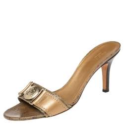 Gucci Gold/Brown GG Crystal Canvas and Leather Interlocking G Buckle Slide Sandals Size 38