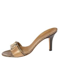 Gucci Gold/Brown GG Crystal Canvas and Leather Interlocking G Buckle Slide Sandals Size 38