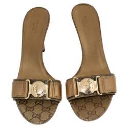 Gucci Gold/Brown GG Crystal Canvas and Leather Interlocking G Buckle Slide Sandals Size 38
