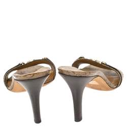 Gucci Gold/Brown GG Crystal Canvas and Leather Interlocking G Buckle Slide Sandals Size 38