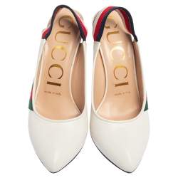 Pre Owned حذاء كعب عالي غوتشي فتحة كعب سي لفي تفاصيل ويب جلد أبيض مقاس 36