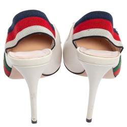 Pre Owned حذاء كعب عالي غوتشي فتحة كعب سيلفي تفاصيل ويب جلد أبيض مقاس 36