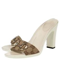 Pre Owned صندل سلايد غوتشي كانفاس جي جي بيج/بني مزين هورسبيت مقاس 38