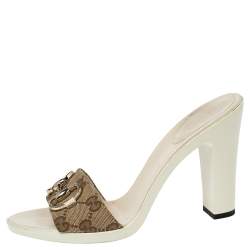 Pre Owned صندل سلايد غوتشي كانفاس جي جي بيج/بني مزين هورسبيت مقاس 38