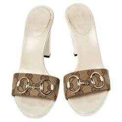 Pre Owned صندل سلايد غوتشي كانفاس جي جي بيج/بني مزين هورسبيت مقاس 38