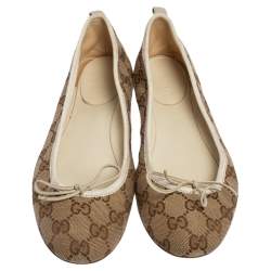 Pre Owned Gucci Brown/Beige GG Canvas and Leather Trim Bow Ballet Flats Size 38.5