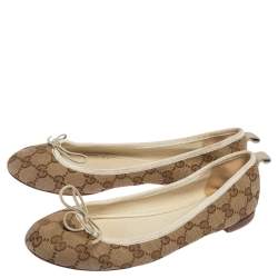 Pre Owned Gucci Brown/Beige GG Canvas and Leather Trim Bow Ballet Flats Size 38.5