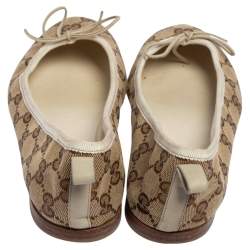 Pre Owned Gucci Brown/Beige GG Canvas and Leather Trim Bow Ballet Flats Size 38.5