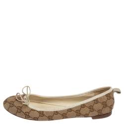 Pre Owned Gucci Brown/Beige GG Canvas and Leather Trim Bow Ballet Flats Size 38.5