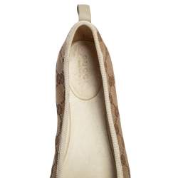 Pre Owned Gucci Brown/Beige GG Canvas and Leather Trim Bow Ballet Flats Size 38.5