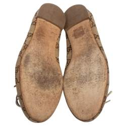 Pre Owned Gucci Brown/Beige GG Canvas and Leather Trim Bow Ballet Flats Size 38.5