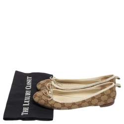 Pre Owned Gucci Brown/Beige GG Canvas and Leather Trim Bow Ballet Flats Size 38.5