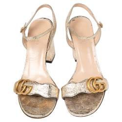 Pre Owned Gucci Metallic Gold Leather GG Logo Marmont Sandals Size 37