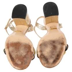 Pre Owned Gucci Metallic Gold Leather GG Logo Marmont Sandals Size 37
