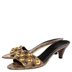 Pre Owned Gucci Brown/Beige Leather Embellished Slide Sandals Size 37.5