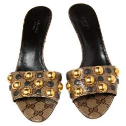 Pre Owned Gucci Brown/Beige Leather Embellished Slide Sandals Size 37.5