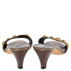 Pre Owned Gucci Brown/Beige Leather Embellished Slide Sandals Size 37.5