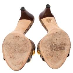 Pre Owned Gucci Brown/Beige Leather Embellished Slide Sandals Size 37.5