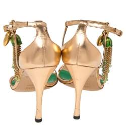 Pre Owned Gucci Metallic Gold Leather Charm Sandals Size 38.5