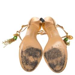 Pre Owned Gucci Metallic Gold Leather Charm Sandals Size 38.5