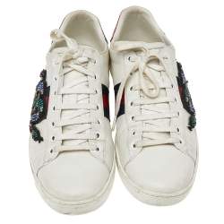 مملوكة  مسبقًا حذاء رياضي غوتشي آيس جلد وكانفاس أبيض مزخرف مقاس 39.5 