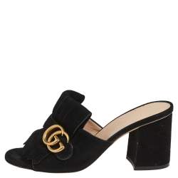 مملوكة مسبقًا Gucci Black Suede GG Marmont Fringe Sandals Size 37