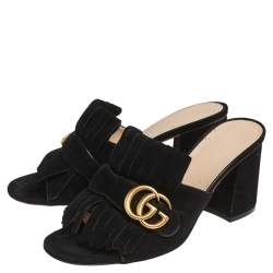 مملوكة مسبقًا Gucci Black Suede GG Marmont Fringe Sandals Size 37