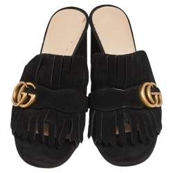 مملوكة مسبقًا Gucci Black Suede GG Marmont Fringe Sandals Size 37