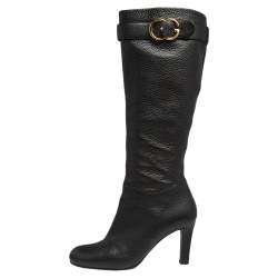Gucci Black Leather GG Buckle Knee Length Boots Size 37.5